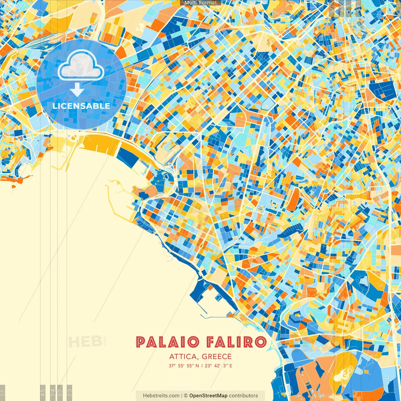 Palaio Faliro, Attica, Greece blue and orange vector art map template