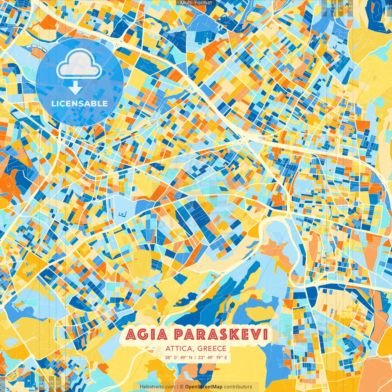 Agia Paraskevi, Attica, Greece blue and orange vector art map template