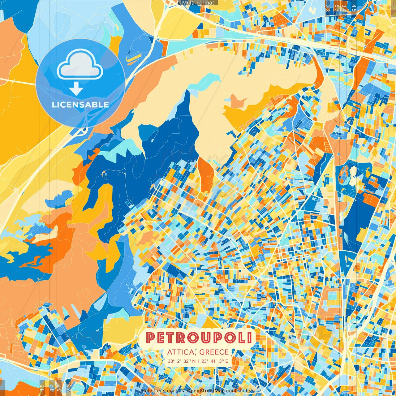 Petroupoli, Attica, Greece blue and orange vector art map template