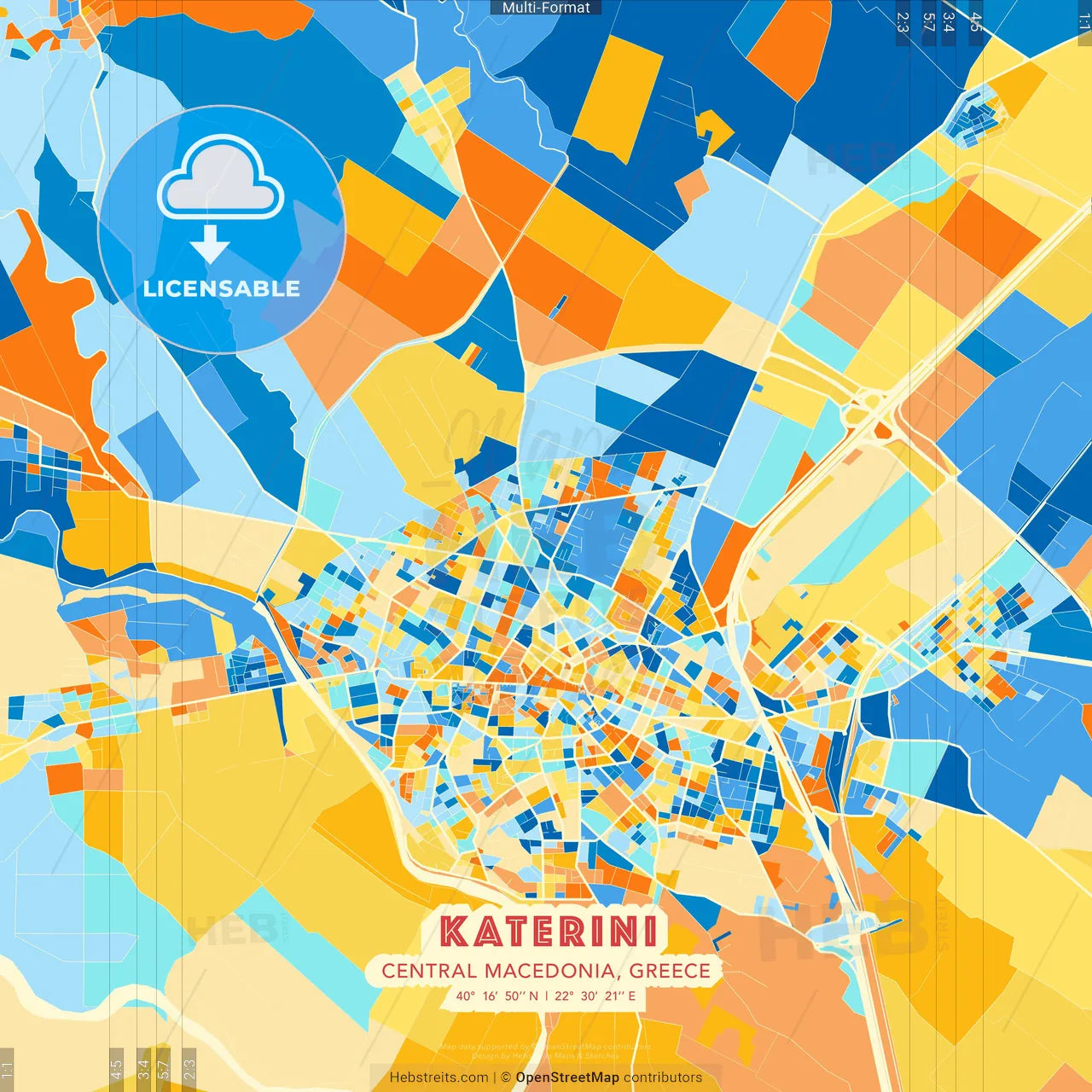 Katerini, Central Macedonia, Greece blue and orange vector art map template