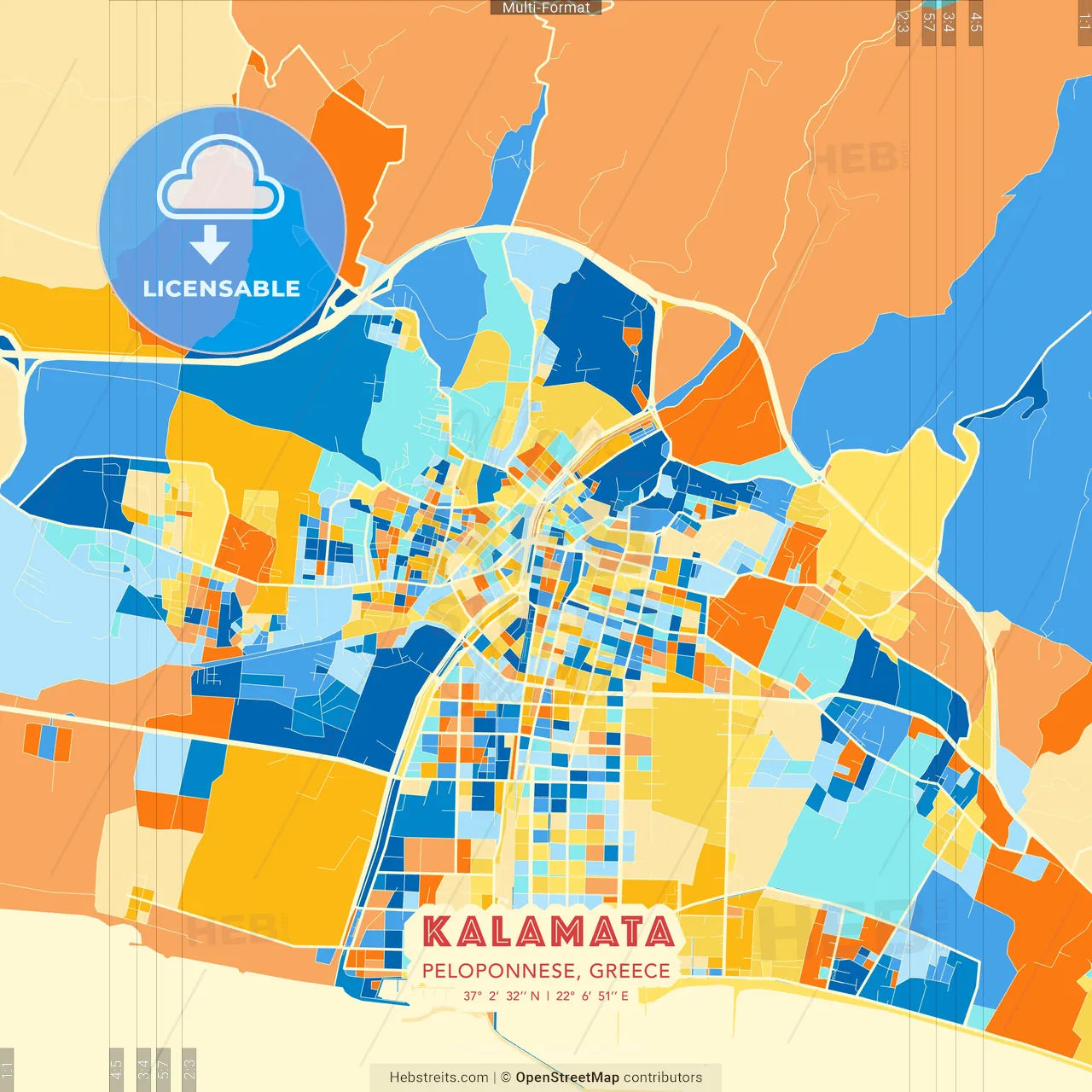 Kalamata, Peloponnese, Greece blue and orange vector art map template