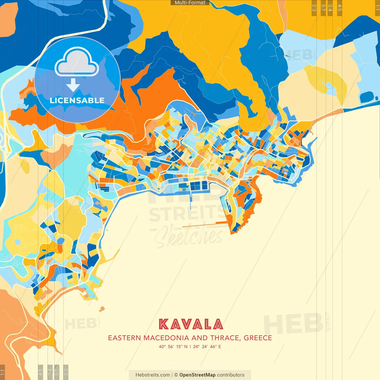 Kavala, Eastern Macedonia and Thrace, Greece blue and orange vector art map template