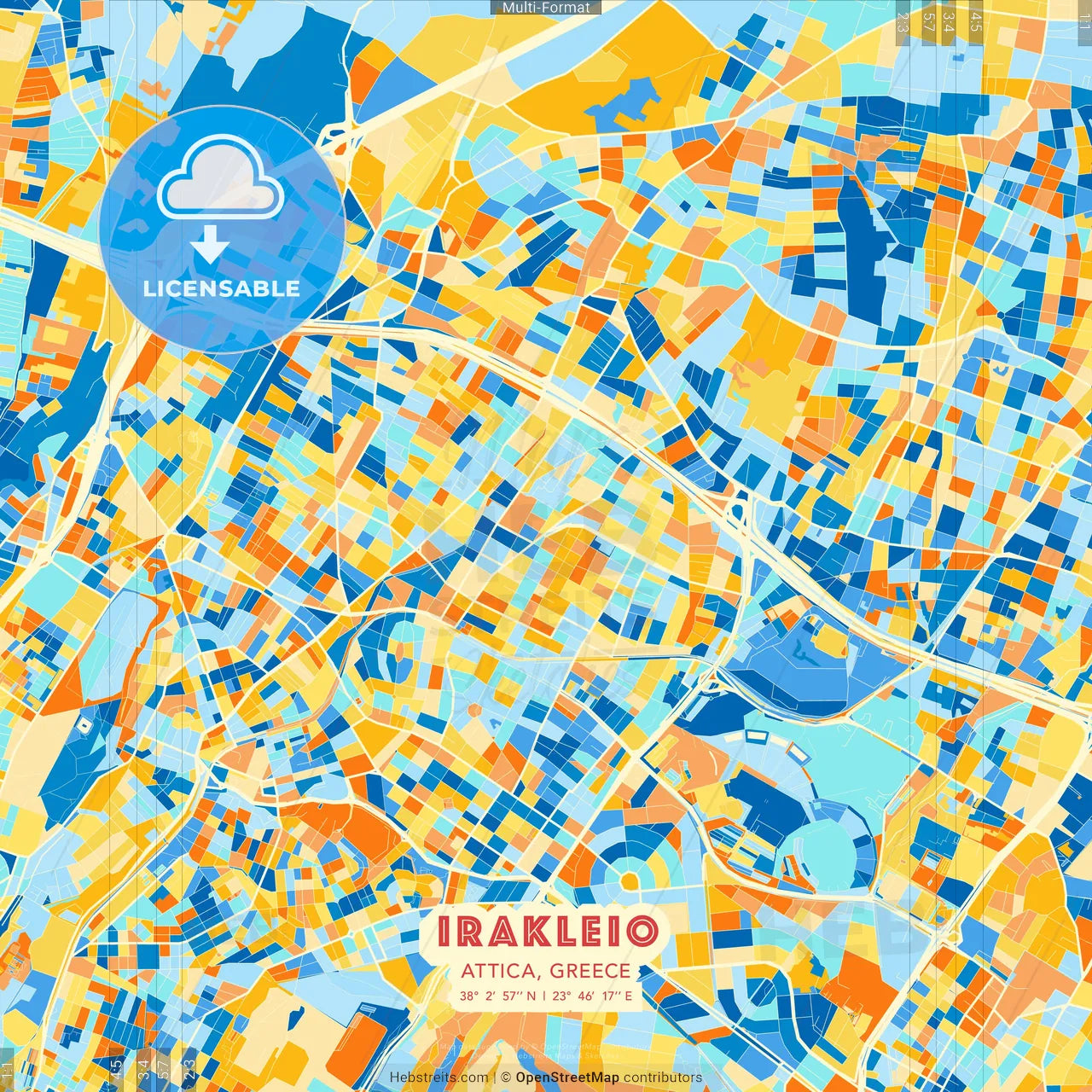 Irakleio, Attica, Greece blue and orange vector art map template