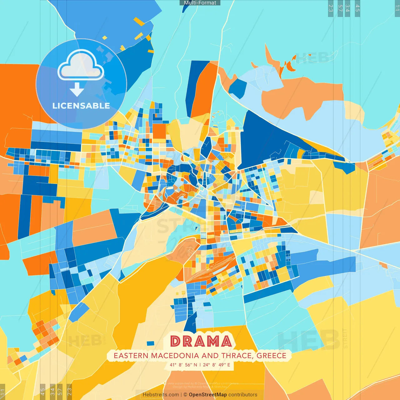 Drama, Eastern Macedonia and Thrace, Greece blue and orange vector art map template