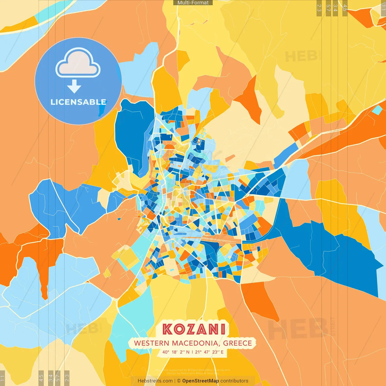 Kozani, Western Macedonia, Greece blue and orange vector art map template