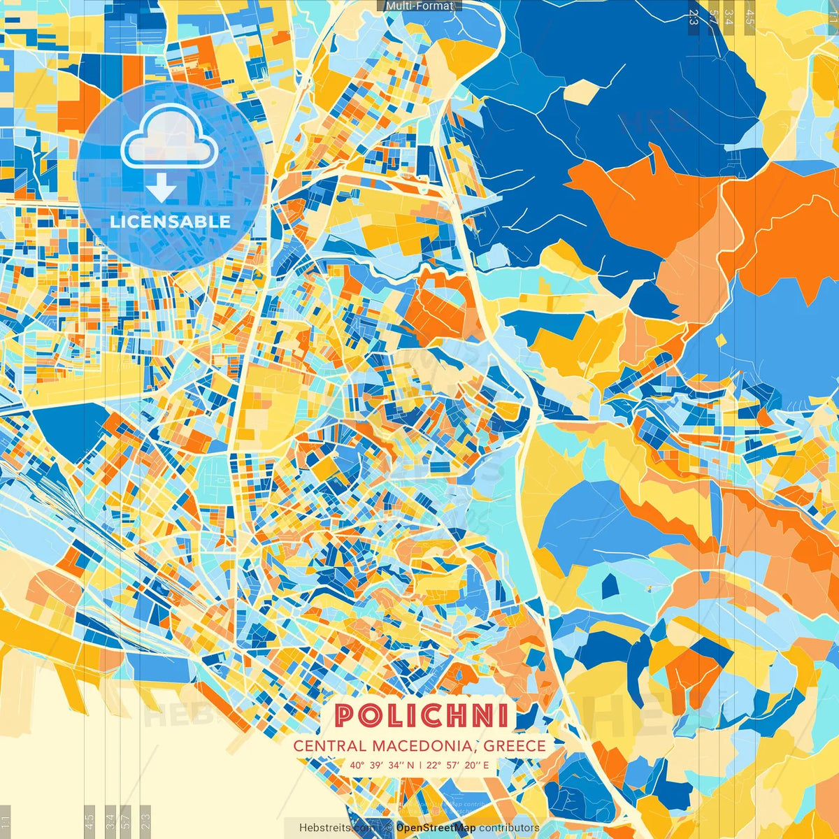 Polichni, Central Macedonia, Greece blue and orange vector art map template