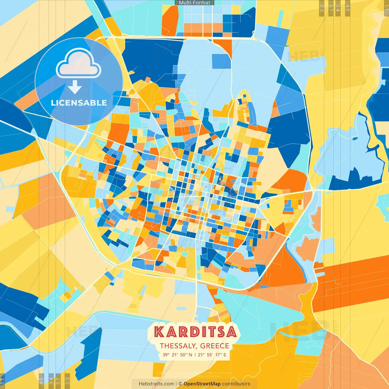 Karditsa, Thessaly, Greece blue and orange vector art map template