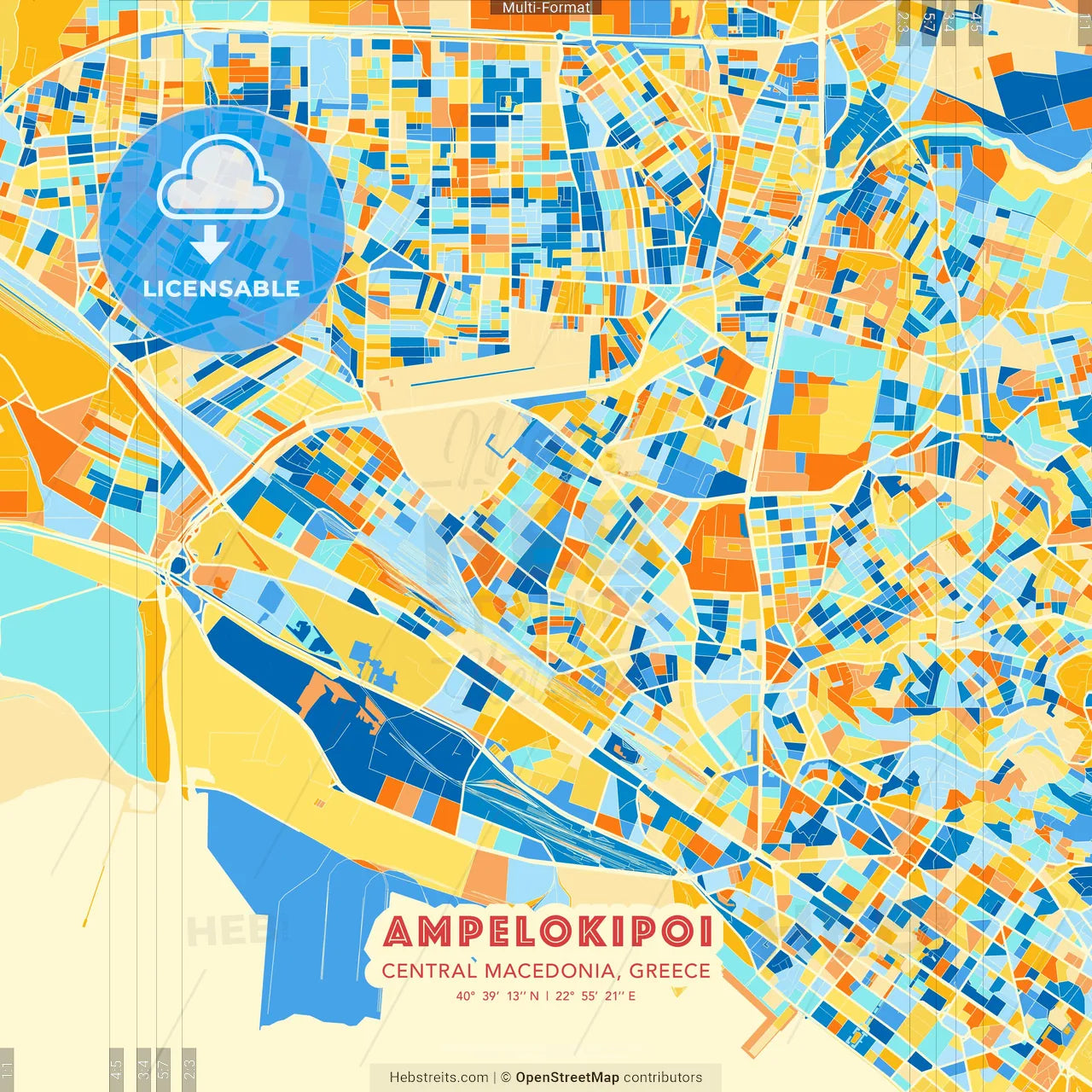 Ampelokipoi, Central Macedonia, Greece blue and orange vector art map template
