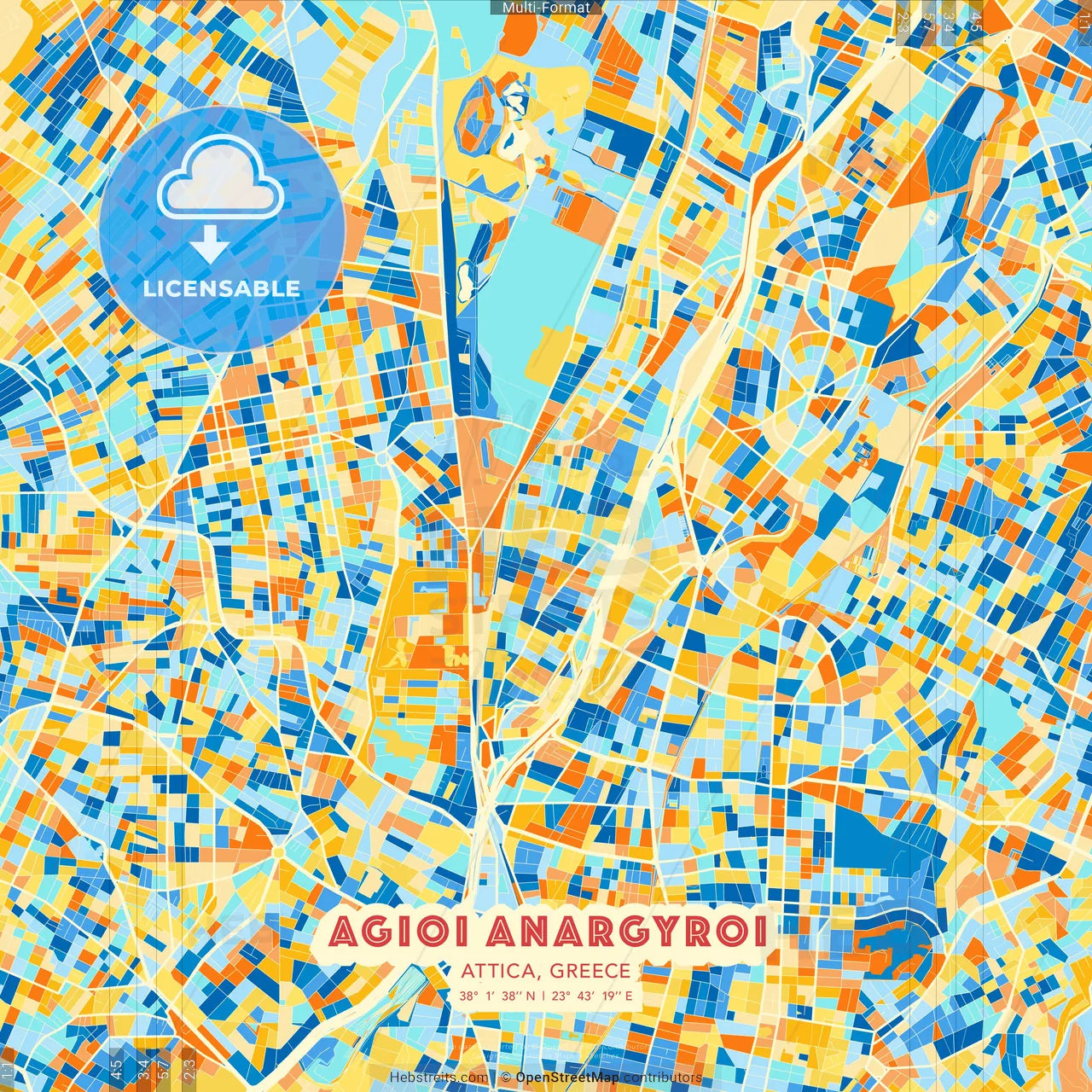 Agioi Anargyroi, Attica, Greece blue and orange vector art map template