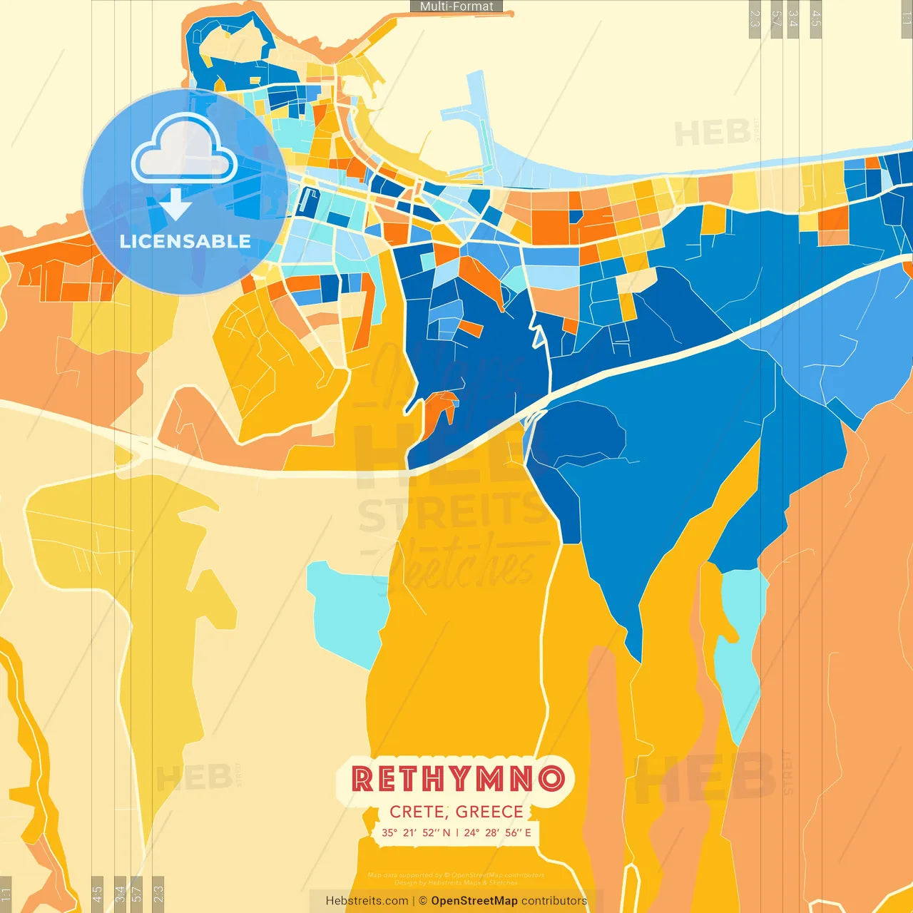 Rethymno, Crete, Greece blue and orange vector art map template