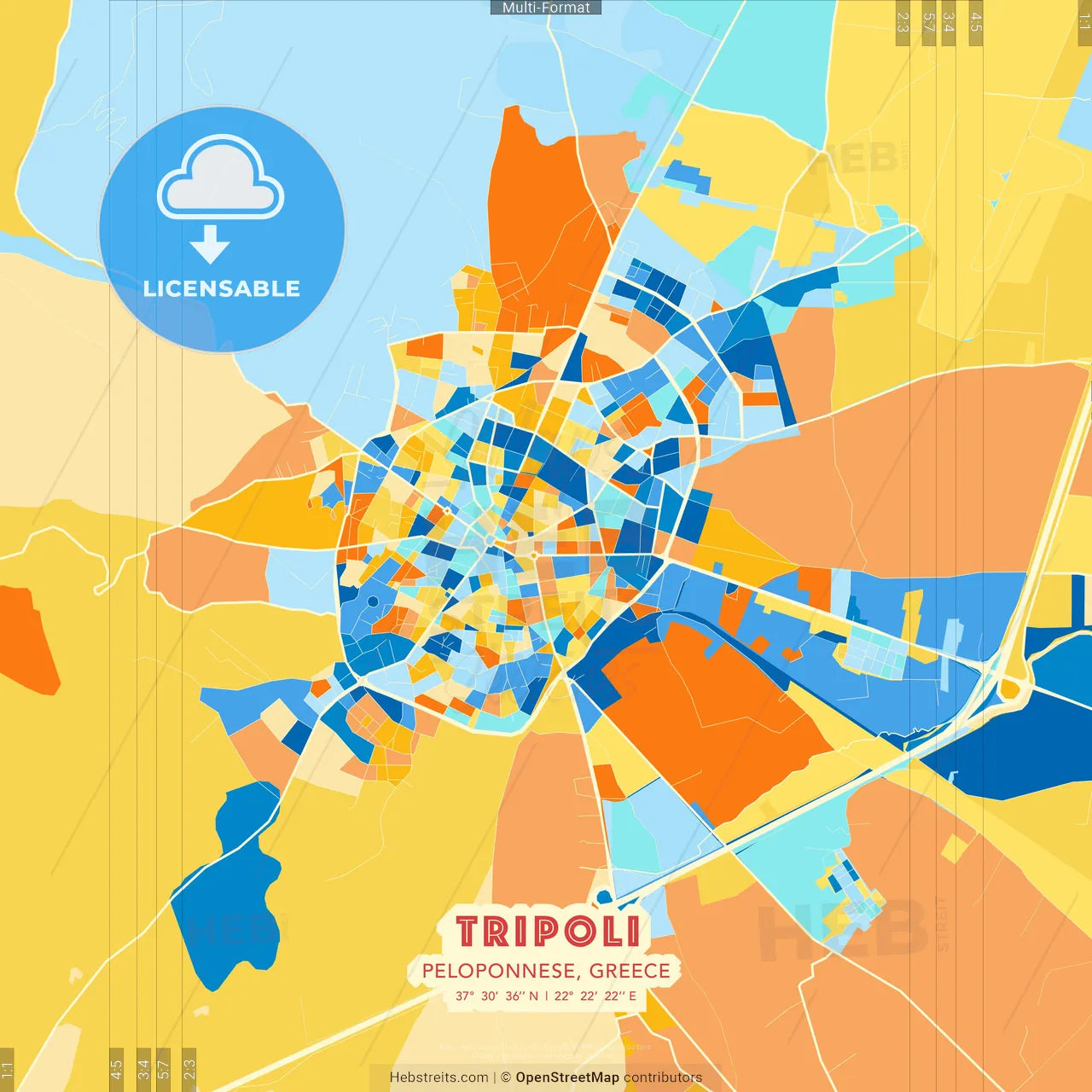 Tripoli, Peloponnese, Greece blue and orange vector art map template