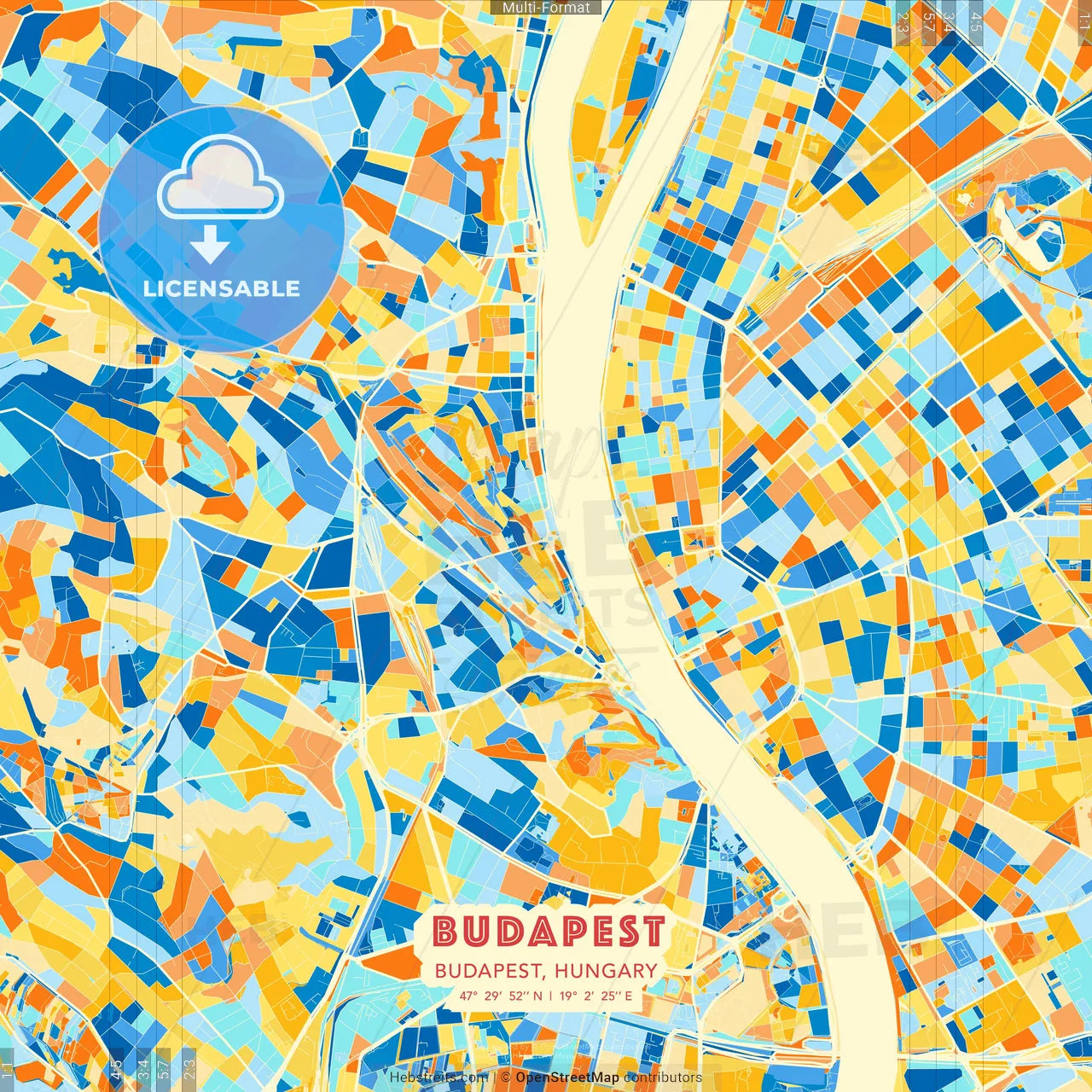 Budapest, Budapest, Hungary blue and orange vector art map template