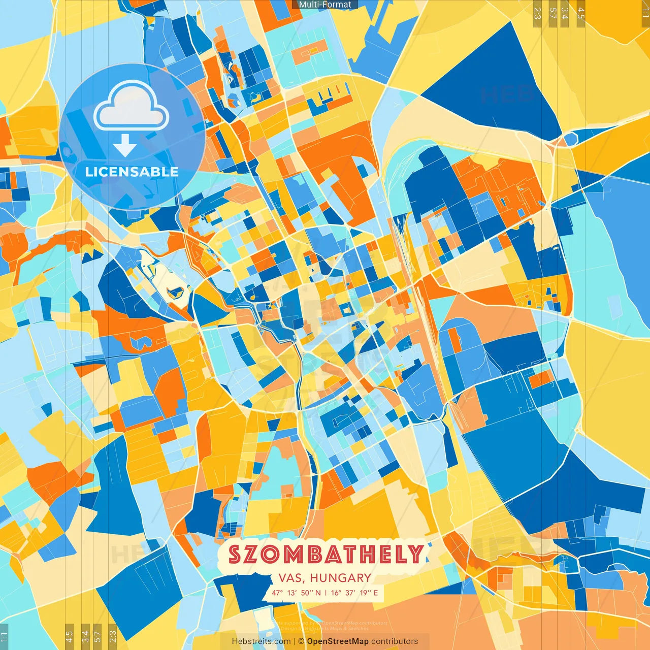 Szombathely, Vas, Hungary blue and orange vector art map template