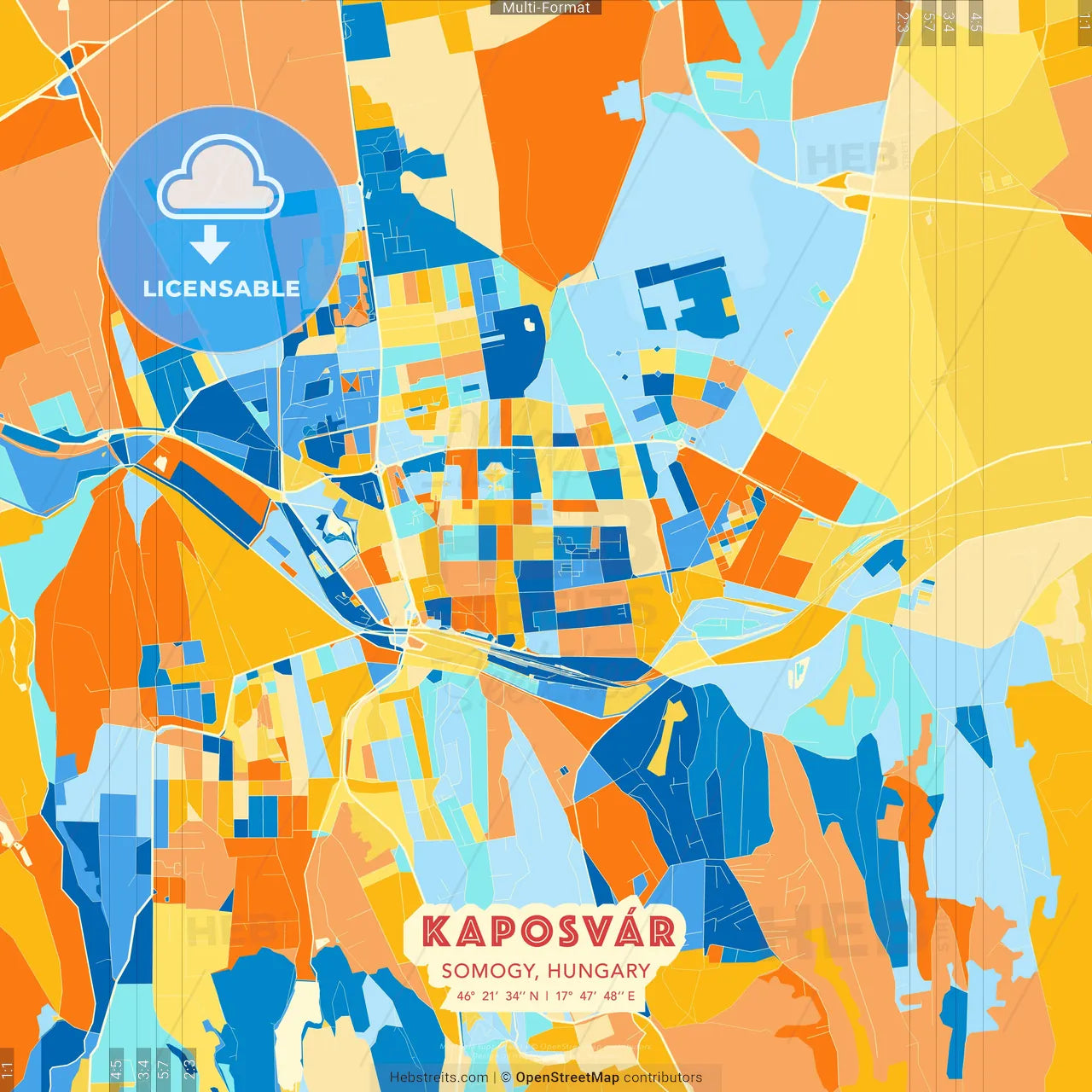 Kaposvár, Somogy, Hungary blue and orange vector art map template