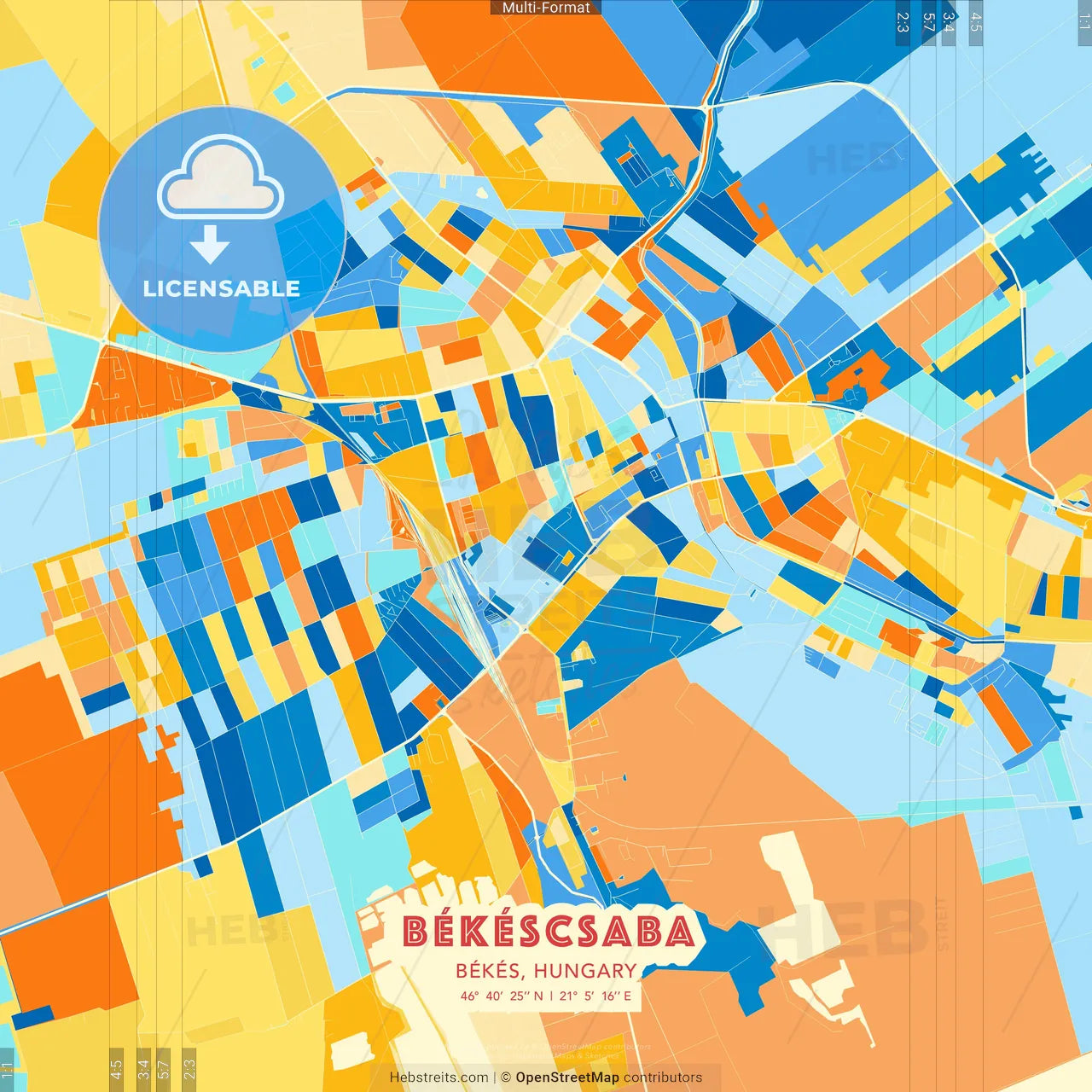Békéscsaba, Békés, Hungary blue and orange vector art map template