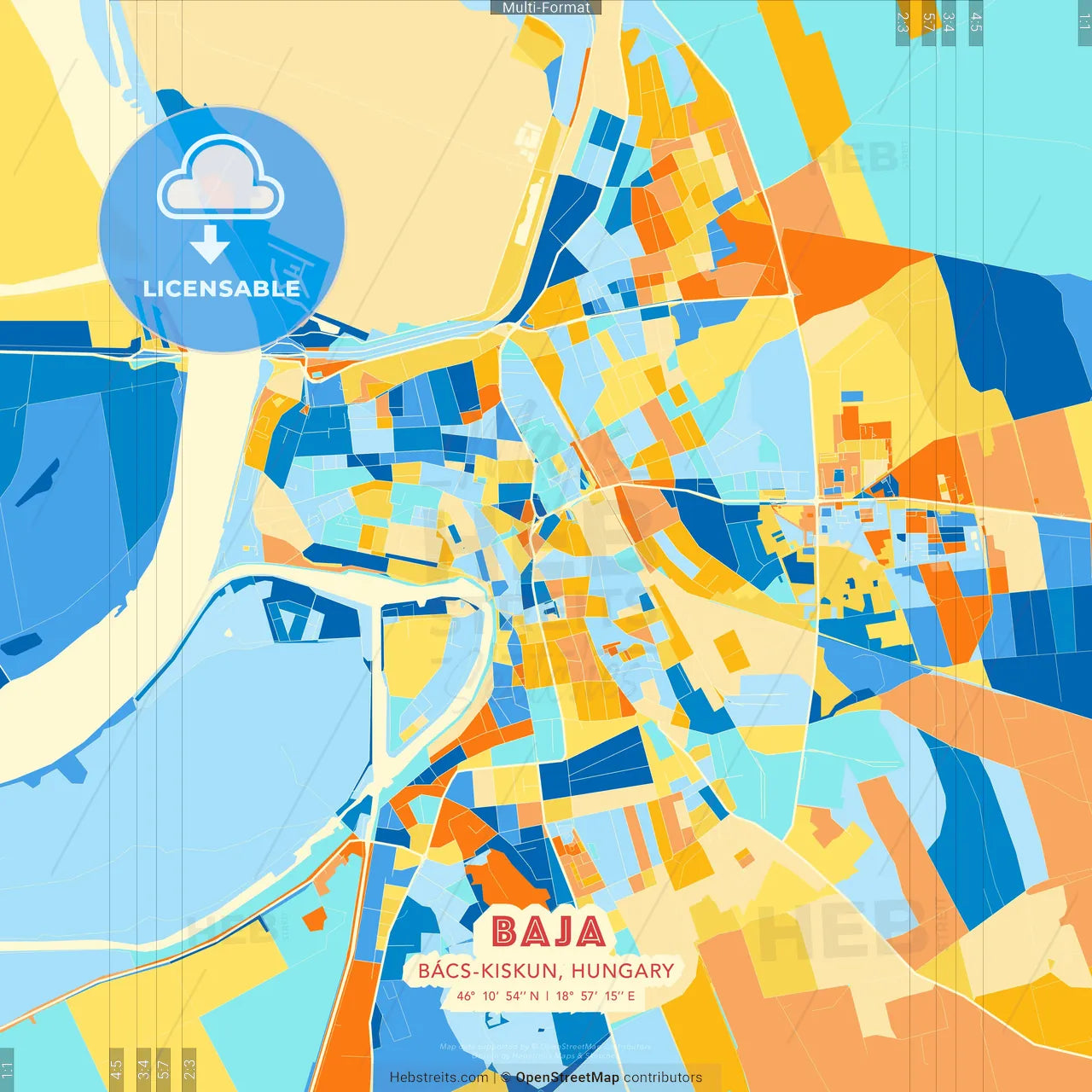 Baja, Bács-Kiskun, Hungary blue and orange vector art map template