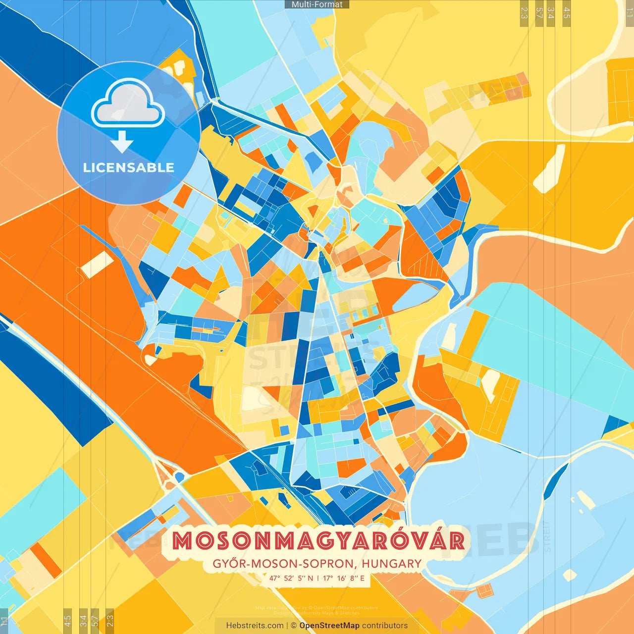 Mosonmagyaróvár, Győr-Moson-Sopron, Hungary blue and orange vector art map template