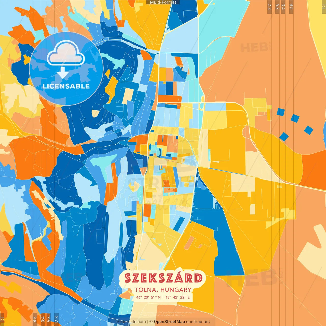 Szekszárd, Tolna, Hungary blue and orange vector art map template