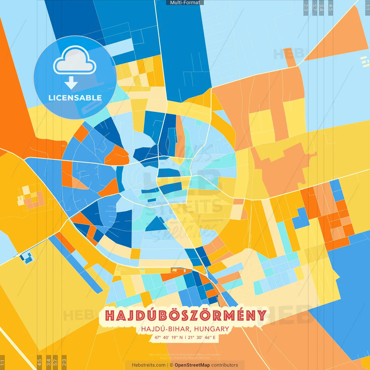 Hajdúböszörmény, Hajdú-Bihar, Hungary blue and orange vector art map template