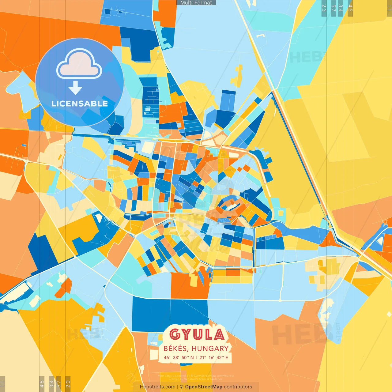 Gyula, Békés, Hungary blue and orange vector art map template