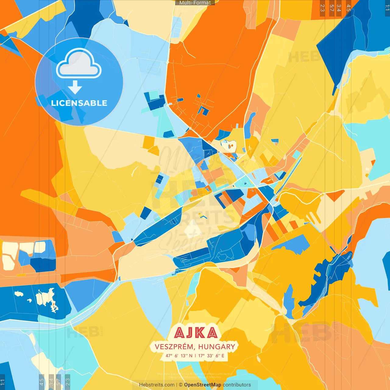 Ajka, Veszprém, Hungary blue and orange vector art map template