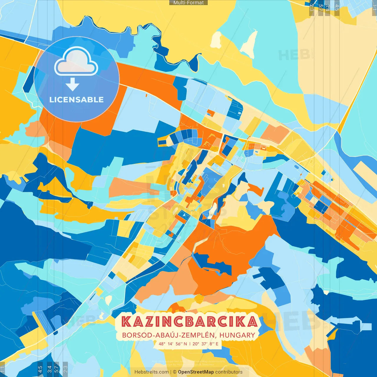 Kazincbarcika, Borsod-Abaúj-Zemplén, Hungary blue and orange vector art map template