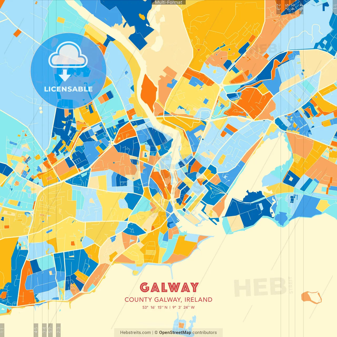 Galway, County Galway, Ireland blue and orange vector art map template