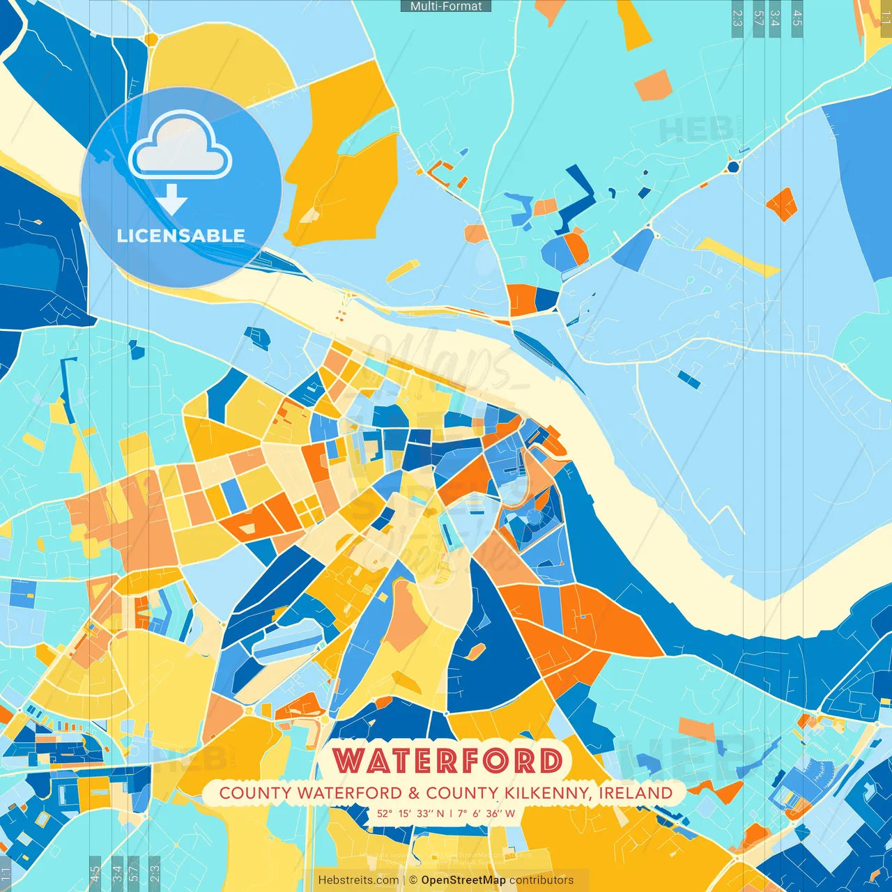 Waterford, County Waterford & County Kilkenny, Ireland blue and orange vector art map template