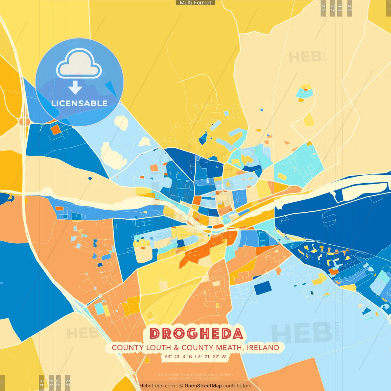 Drogheda, County Louth & County Meath, Ireland blue and orange vector art map template