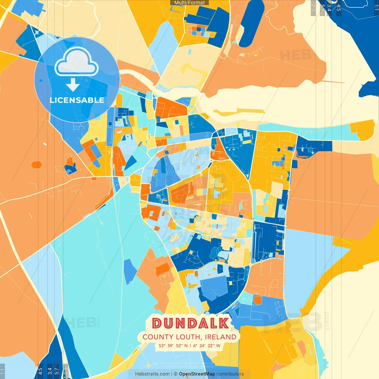 Dundalk, County Louth, Ireland blue and orange vector art map template