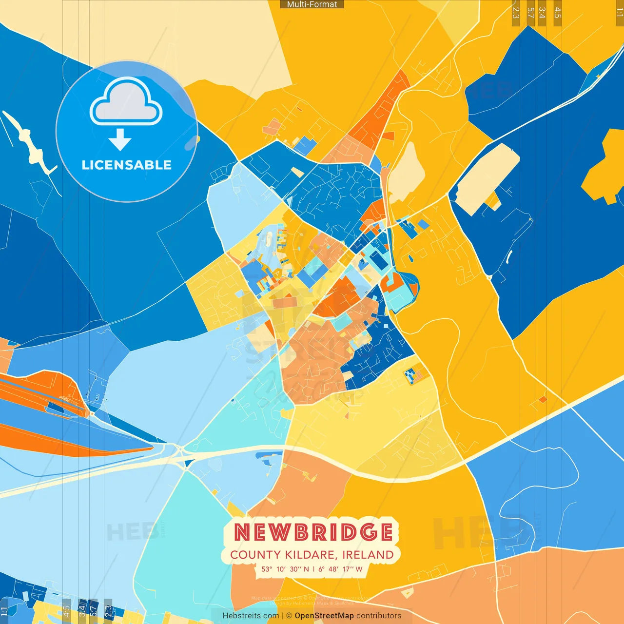 Newbridge, County Kildare, Ireland blue and orange vector art map template