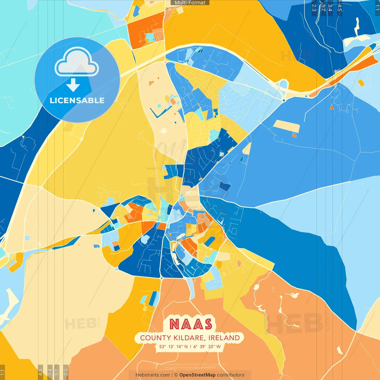 Naas, County Kildare, Ireland blue and orange vector art map template