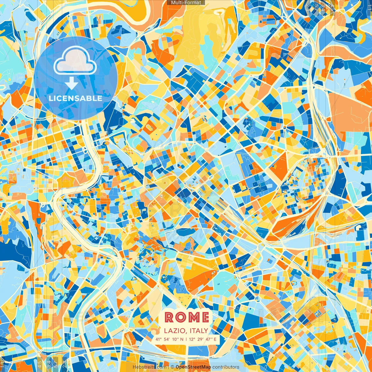 Rome, Lazio, Italy blue and orange vector art map template