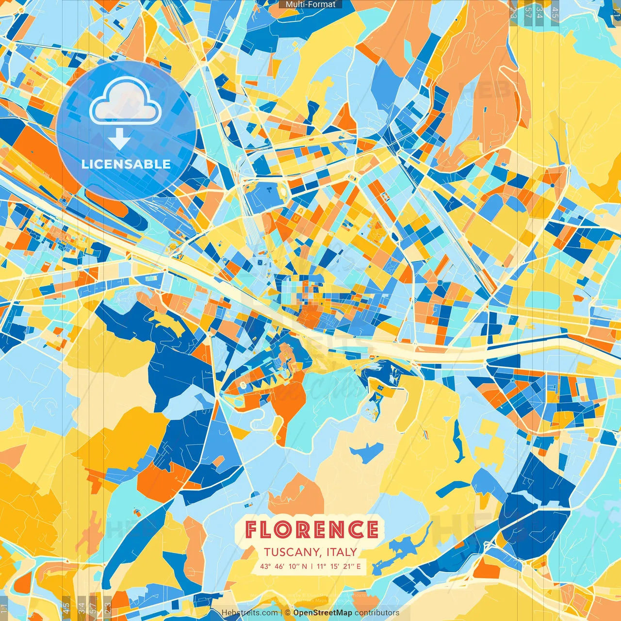 Florence, Tuscany, Italy blue and orange vector art map template