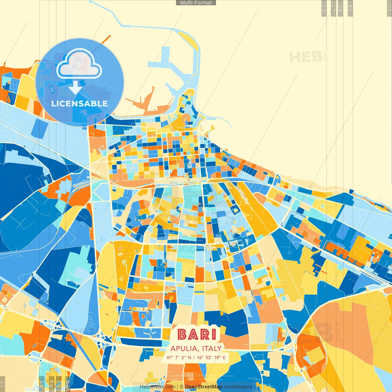 Bari, Apulia, Italy blue and orange vector art map template