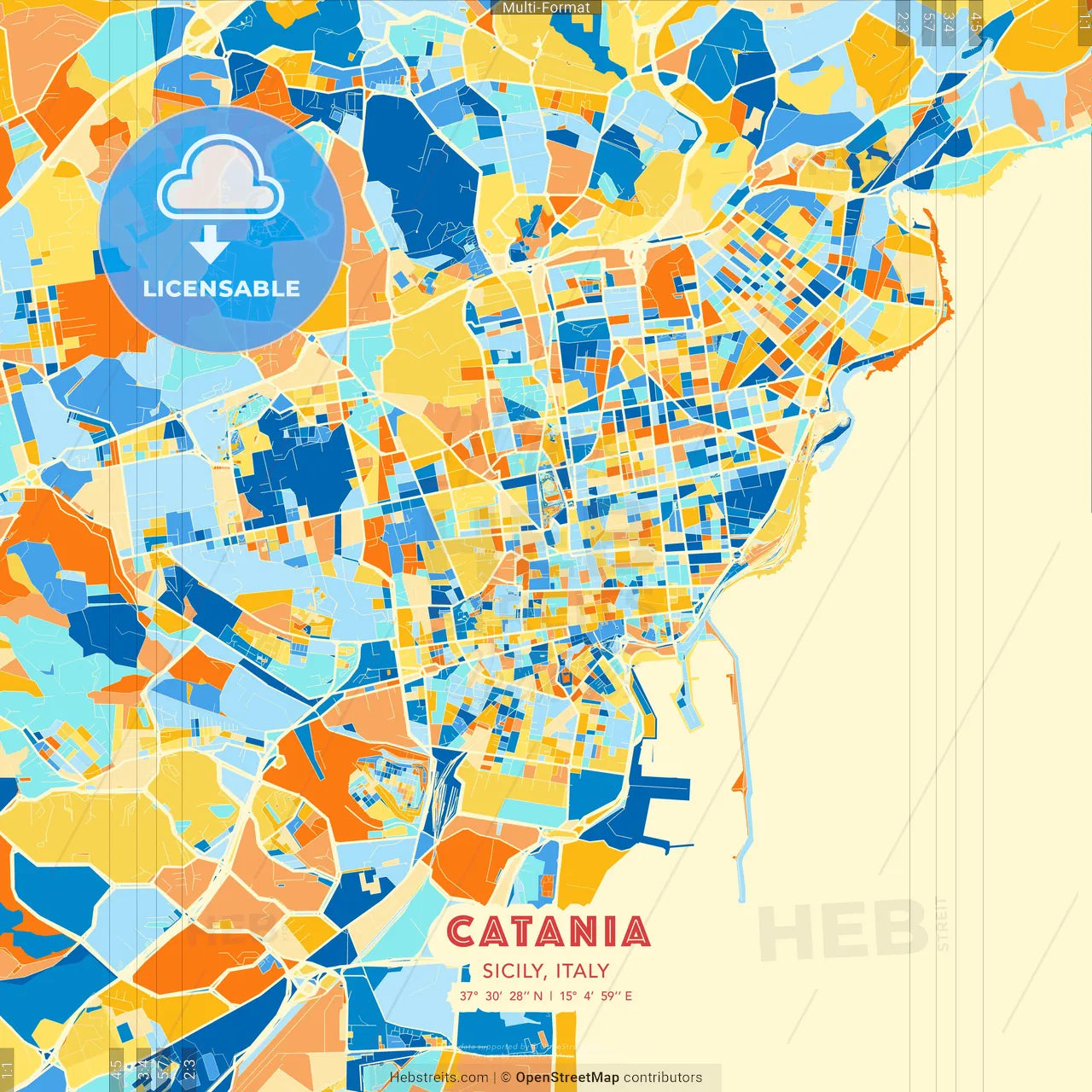 Catania, Sicily, Italy blue and orange vector art map template