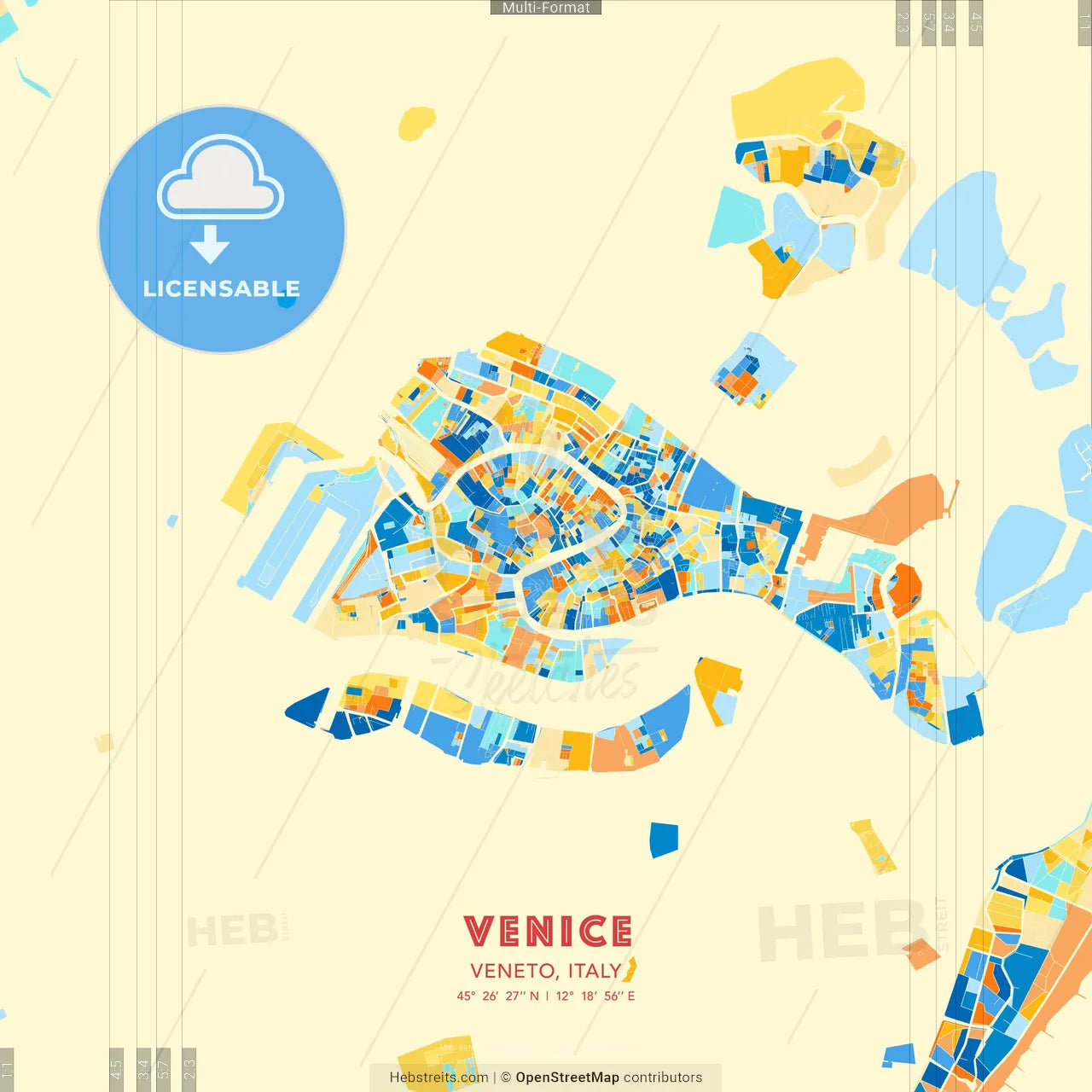 Venice, Veneto, Italy blue and orange vector art map template