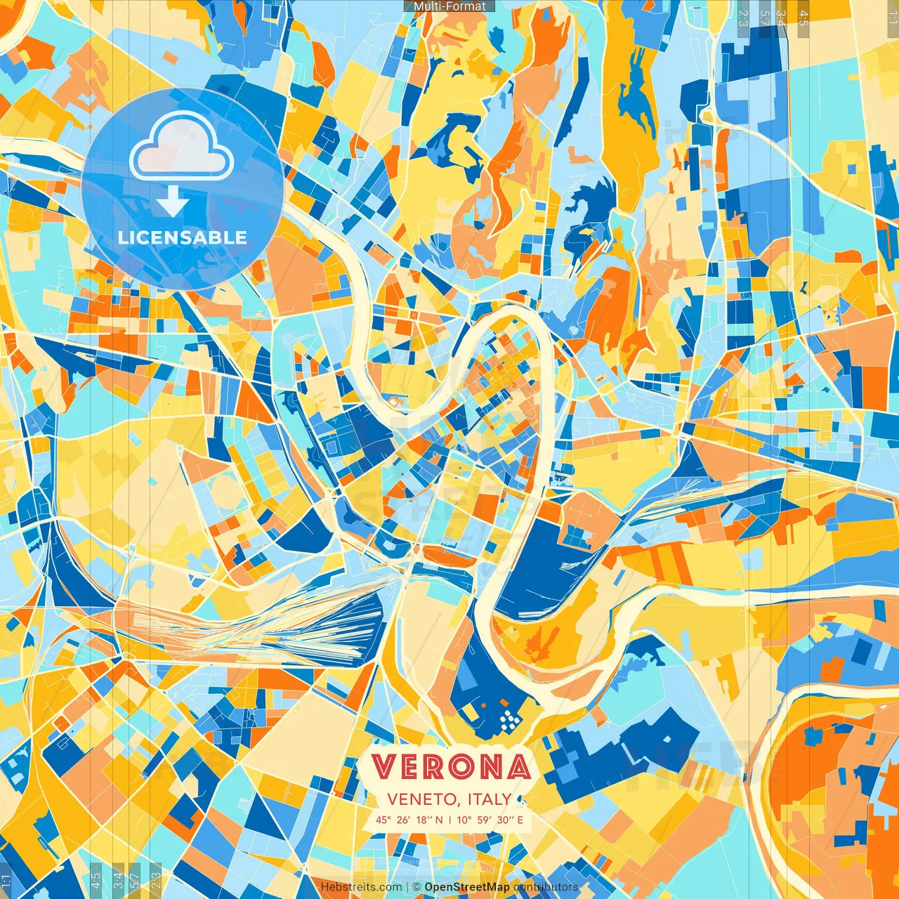 Verona, Veneto, Italy blue and orange vector art map template