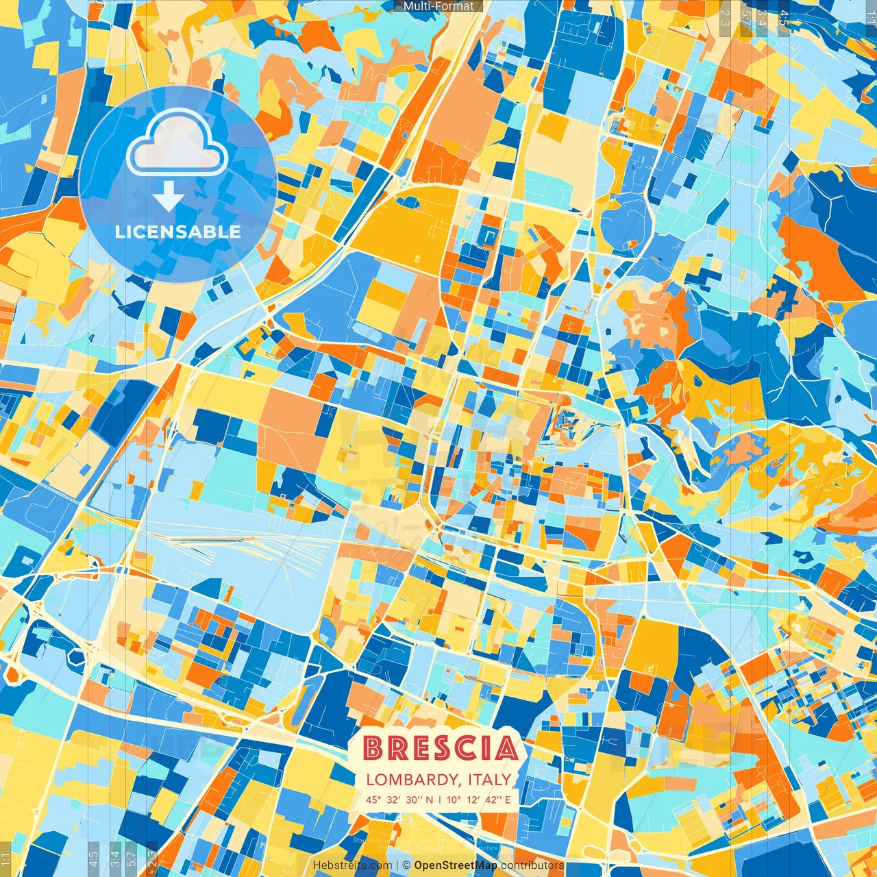 Brescia, Lombardy, Italy blue and orange vector art map template