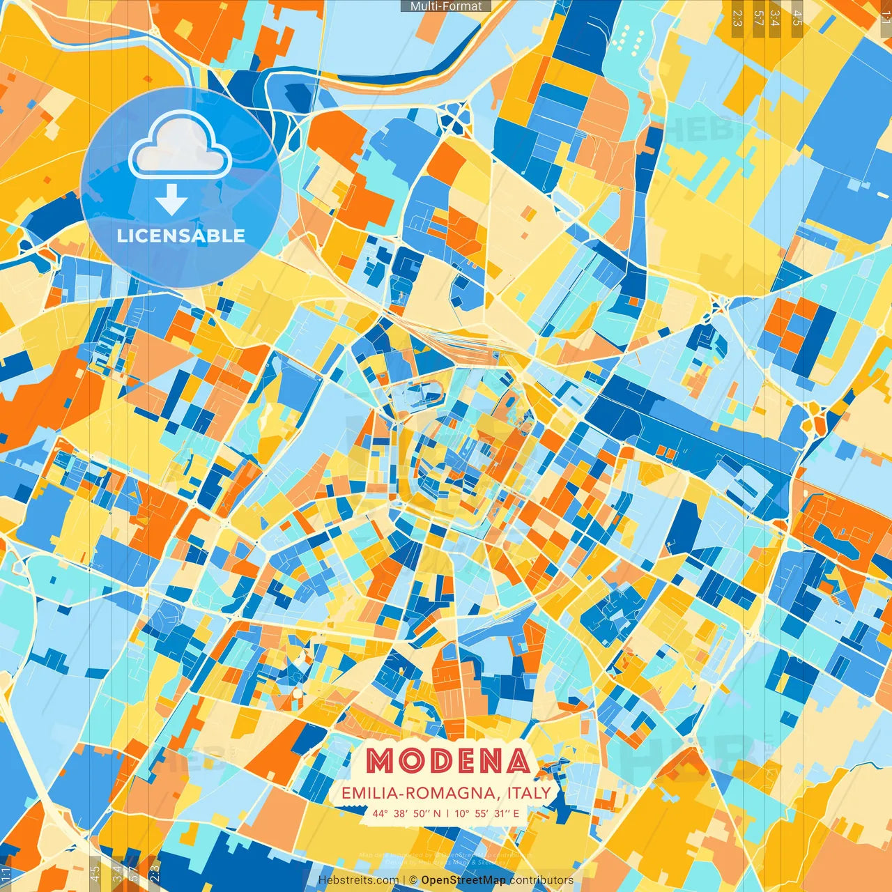 Modena, Emilia-Romagna, Italy blue and orange vector art map template