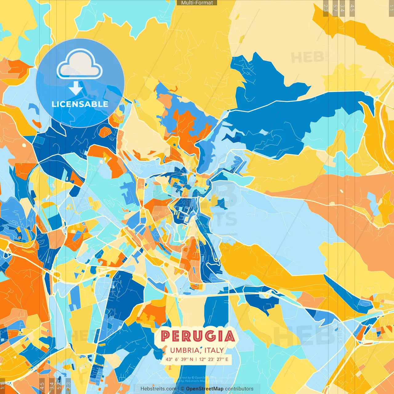 Perugia, Umbria, Italy blue and orange vector art map template