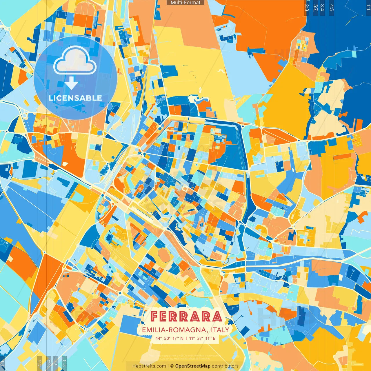 Ferrara, Emilia-Romagna, Italy blue and orange vector art map template