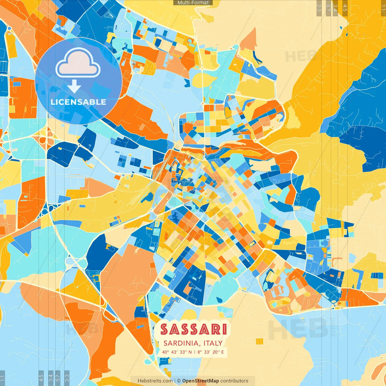 Sassari, Sardinia, Italy blue and orange vector art map template
