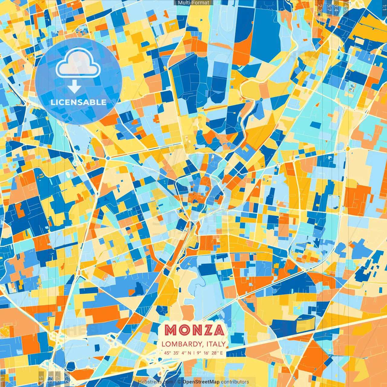 Monza, Lombardy, Italy blue and orange vector art map template