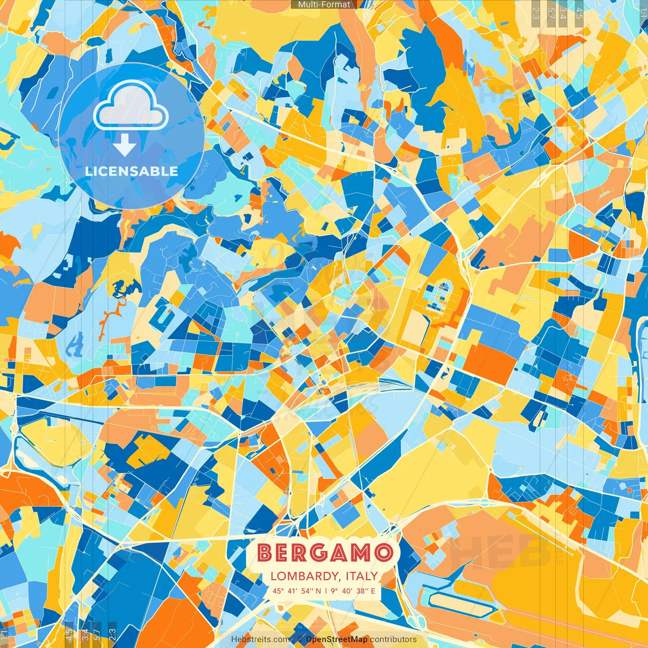 Bergamo, Lombardy, Italy blue and orange vector art map template