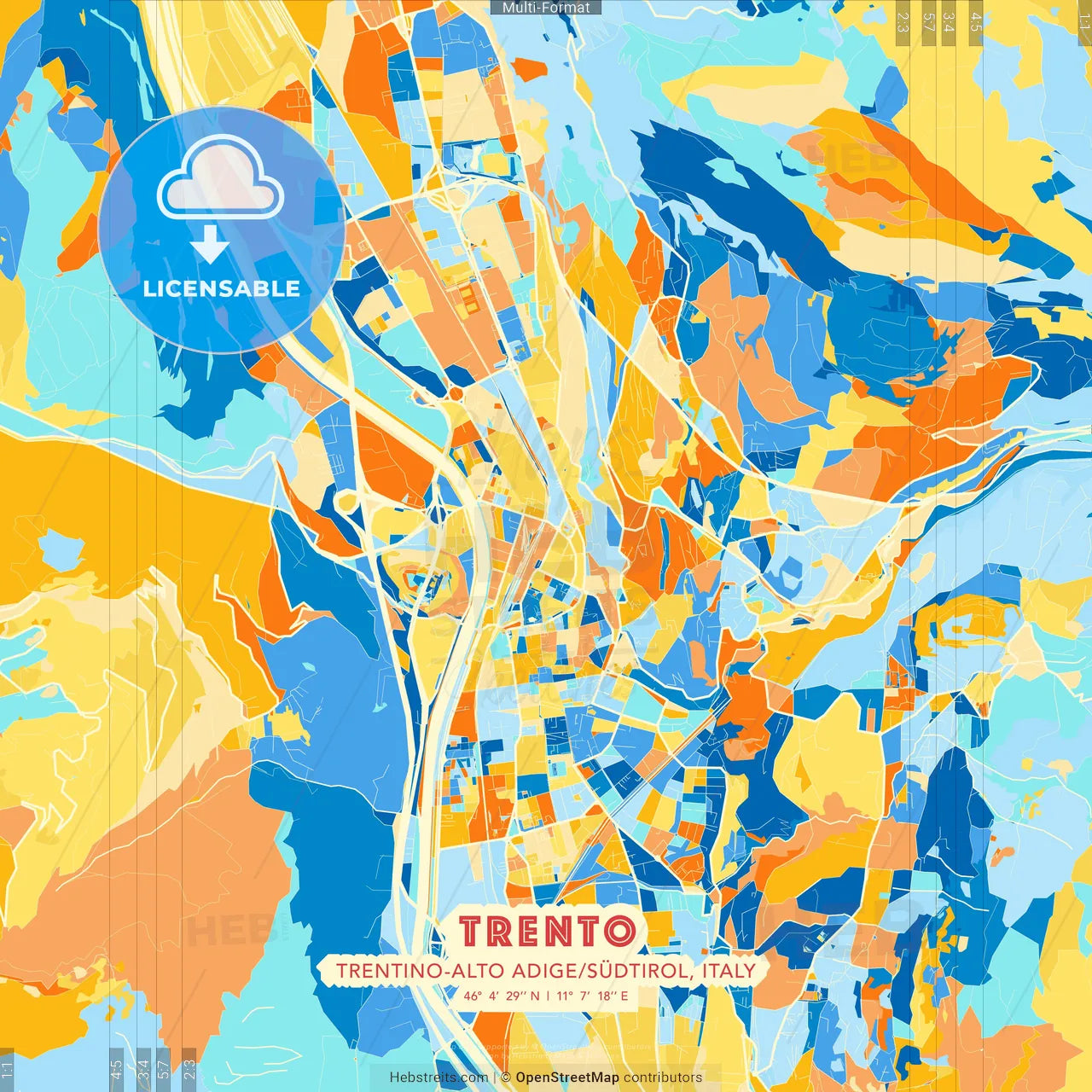 Trento, Trentino-Alto Adige/Südtirol, Italy blue and orange vector art map template