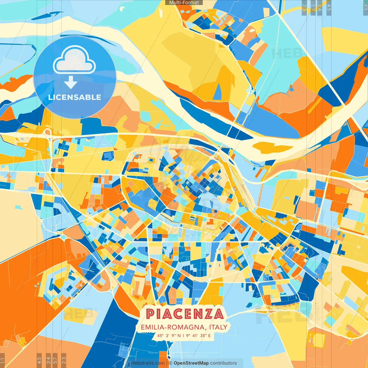 Piacenza, Emilia-Romagna, Italy blue and orange vector art map template