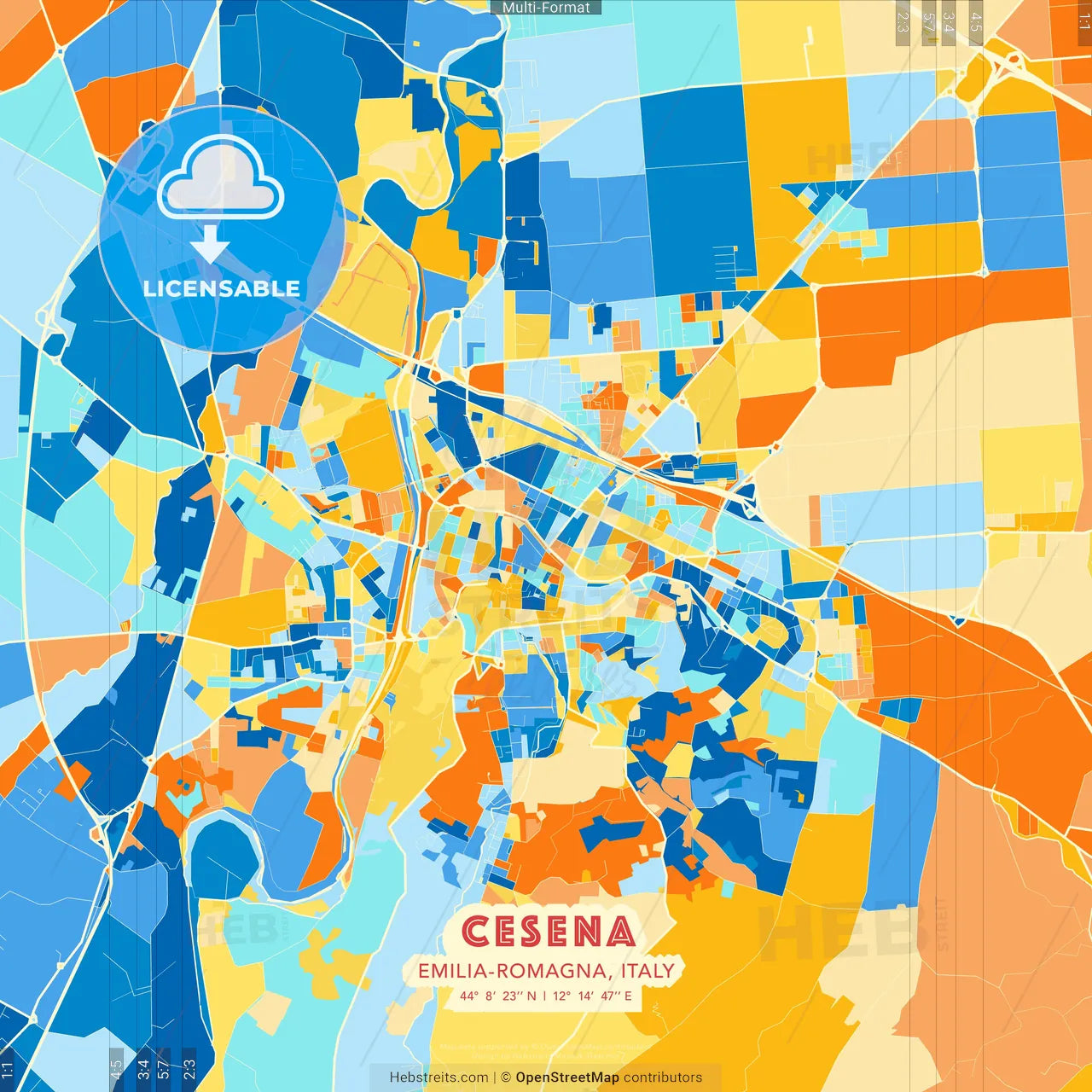 Cesena, Emilia-Romagna, Italy blue and orange vector art map template