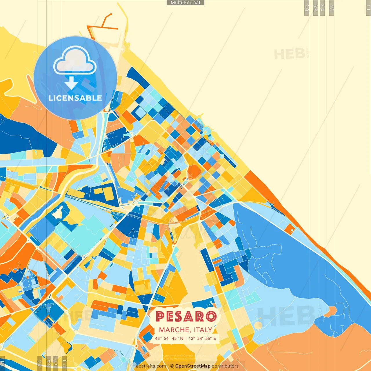 Pesaro, Marche, Italy blue and orange vector art map template