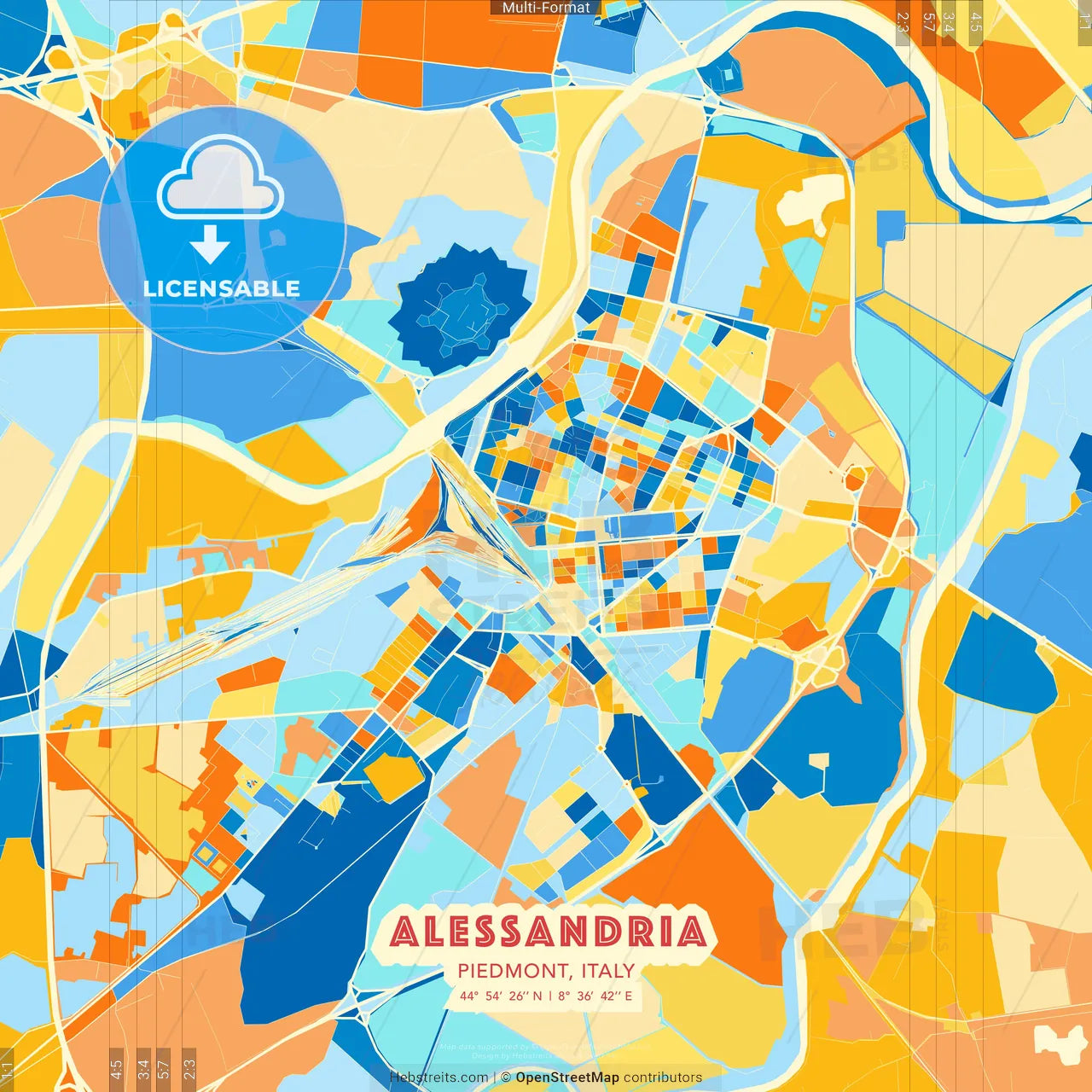 Alessandria, Piedmont, Italy blue and orange vector art map template